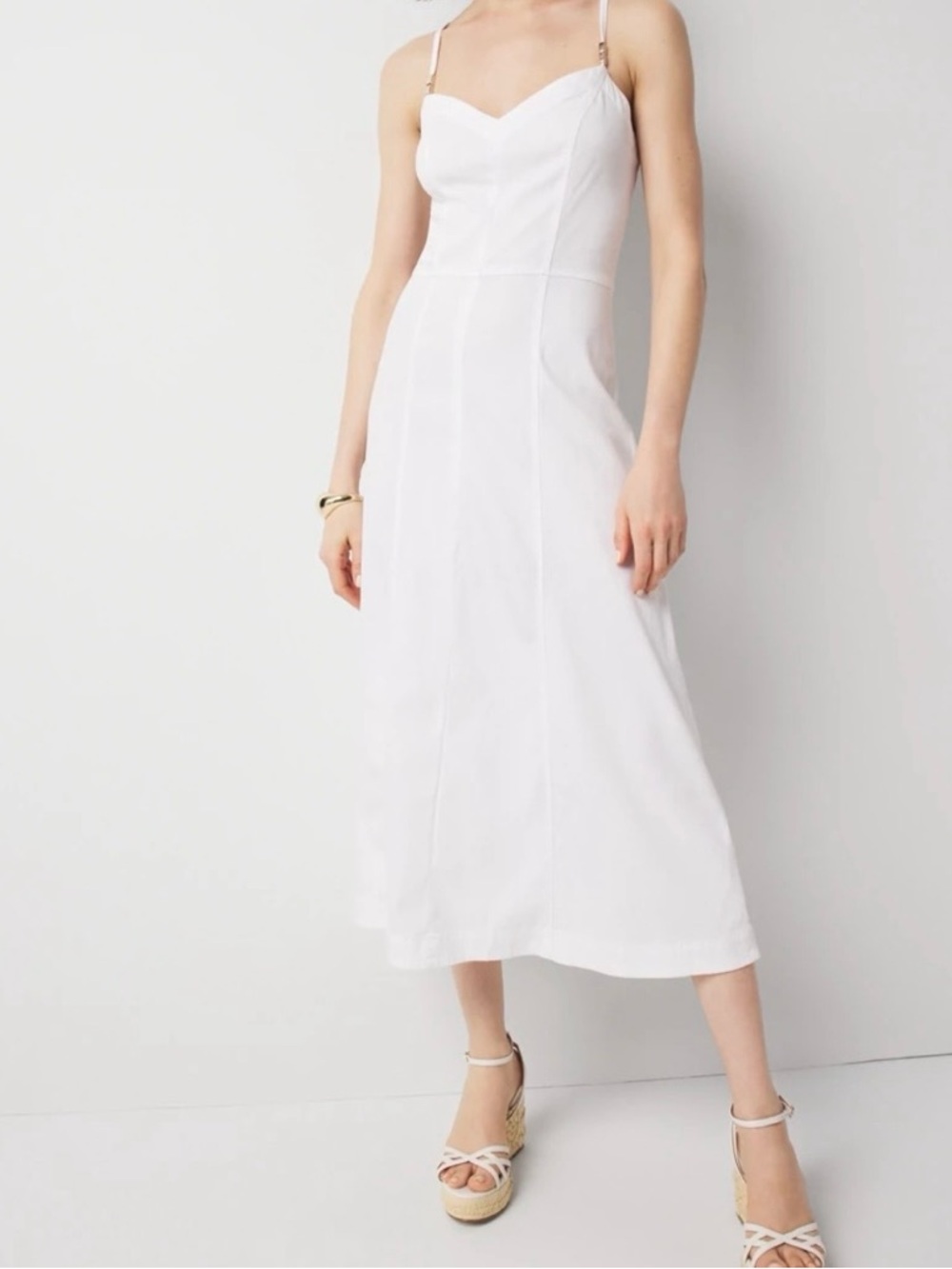 White House Black Market White Denim Bead Detail Spaghetti-Strap Midi Dress